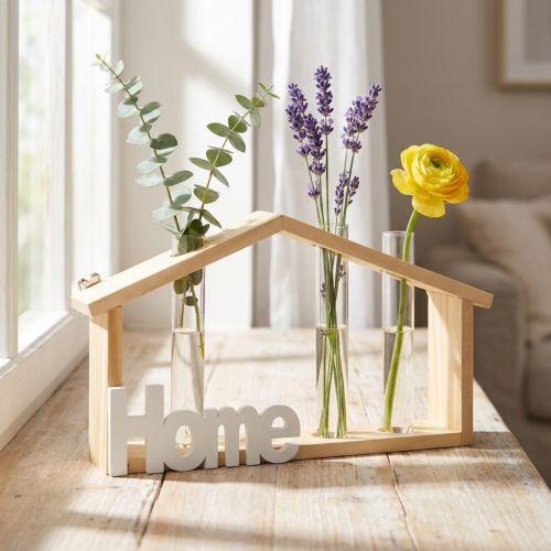 Artikel Houten wanddecoratie, woondecoratie, reageerbuisvaas, bloemenhouder, 27,5x4,5x14,5cm