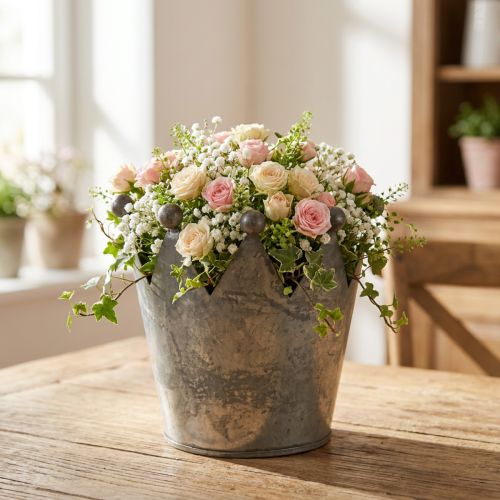 Deco kroon antiek look grijs metalen tafeldecoratie Ø12,5cm H12cm | Floristik24.nl