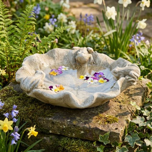 Vogelbad met kikkers, betonnen tuinfiguur, vogelbad lotusblad B21cm H7cm | Floristik24.nl