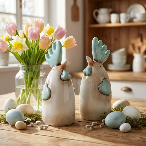 Keramische Haan Keukendecoratie Kip Wit Blauw Bruin H14.5cm 2 st. | Floristik24.nl