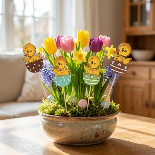 Artikel Paasdecoratie kuiken in ei houten decoratiefiguur op stok Pasen 7cm 12 st