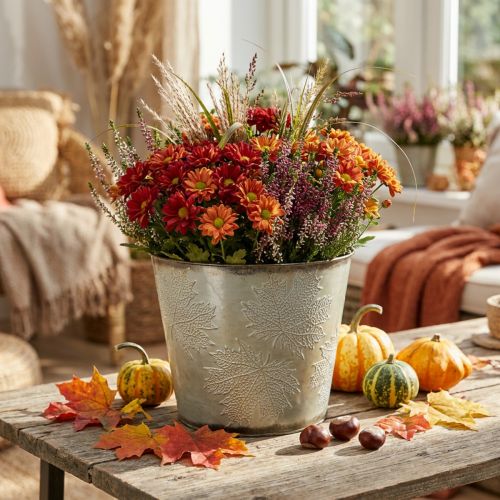 Plantenpot, herfstdecoratie, metalen vat met gouden bladeren Ø25,5cm H22cm | Floristik24.nl