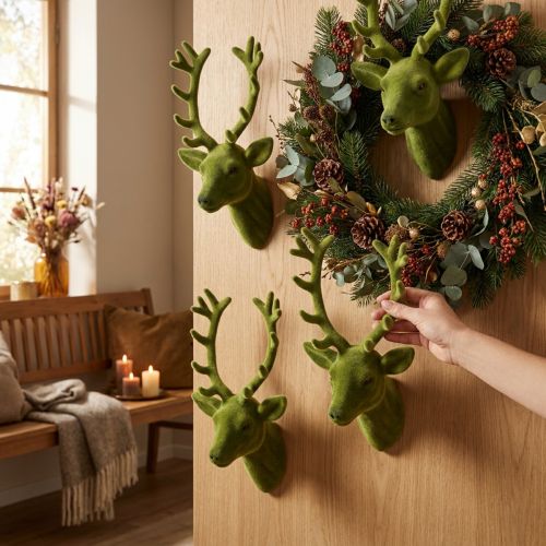 Decoratieve hertenkop gevlokt mosgroen 10cm x 20cm 3 st | Floristik24.nl