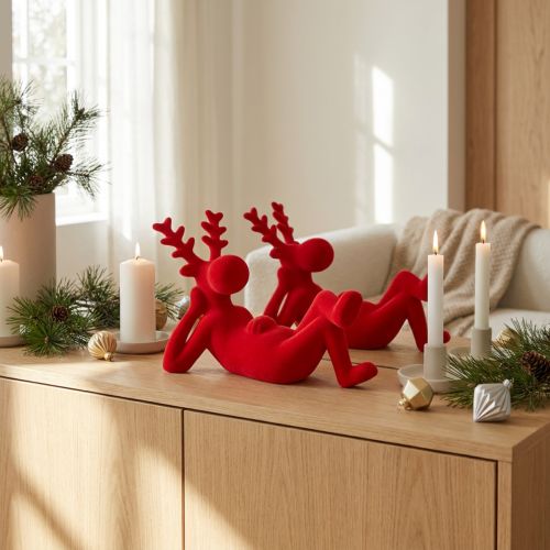 Artikel Decoratief rood rendierbeeldje, liggend, modern design, 24 cm, 2 stuks