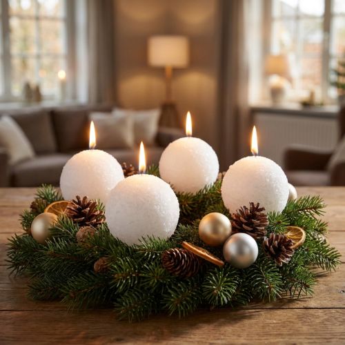 Winter Magic Ball Kaarsen Wit Sneeuwbal Effect Ø10cm Set van 4 voor Feestelijke Decoratie | Floristik24.nl