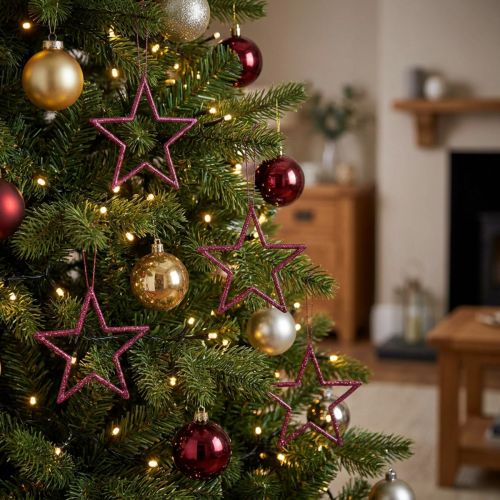 Kerstdecoratie glittersterren om op te hangen in bessenglitter, set van 40, 7,5cm - Feestelijke ornamenten voor kerstboom en raam | Floristik24.nl