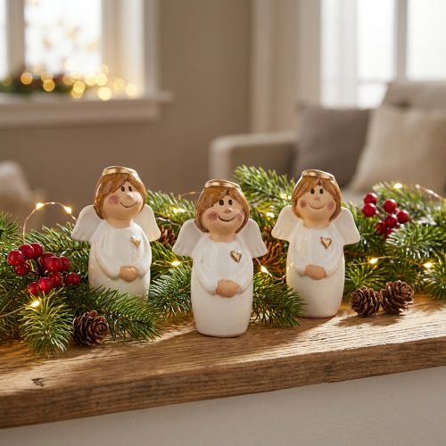 Schattige engel van keramiek met gouden accenten wit 7 cm - cadeau-idee en liefdevolle decoratie - 6 stuks | Floristik24.nl