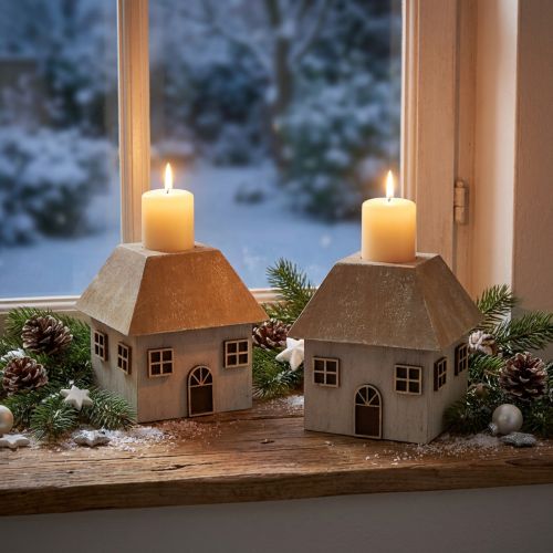 Kerstkaarshouder, houten huisje, grijs, 9×9×11cm, 2 stuks | Floristik24.nl