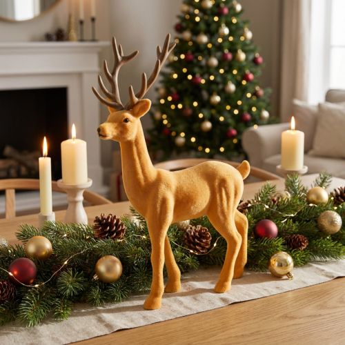 Artikel Decoratief hert/rendier geelbruin decoratief beeldje met fluweelachtige afwerking 37 cm