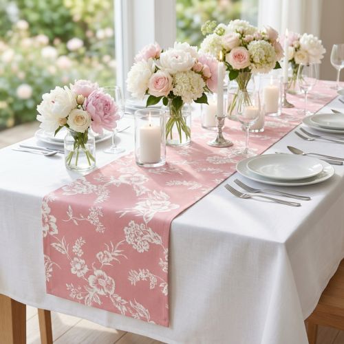 Tafellint bloemmotief tafelloper katoen roze 15cm 3m | Floristik24.nl
