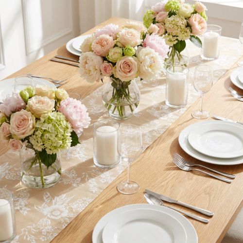 Tafellint met bloemen tafelloper katoen beige 15cm 3m | Floristik24.nl