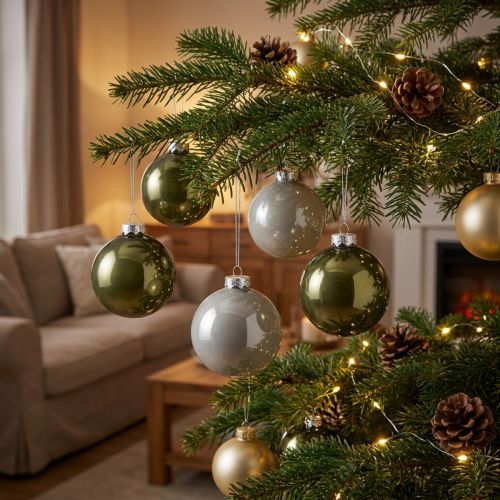 Kerstballen glazen bollen olijf zilvergrijs Ø7,5cm 12 stuks | Floristik24.nl