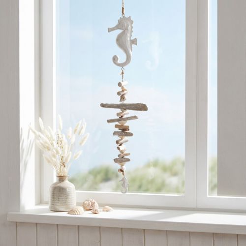 Maritieme Decoratie Garland Drijfhout Schelpen Zeepaardje Wit 55cm | Floristik24.nl