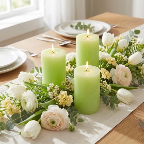 Kalkgroene pilaarkaarsen, door en door gekleurd, 60x100mm, bruiloftsdecoratie, lentedecoratie, set van 4 | Floristik24.nl