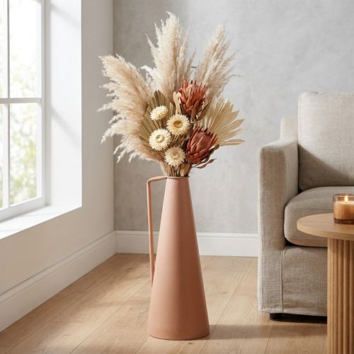 Artikel Metalen staande vaas, zalmmotief met handvat - Conisch, 20x19x48cm, voor droog- en kunstbloemen.