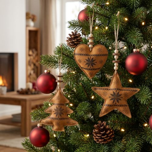 Artikel Kerstboomdecoratie ster dennenhart imitatieleer 11cm 3st
