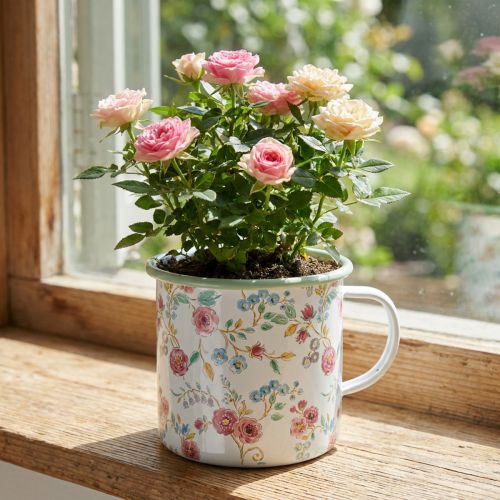 Plantbeker voor rozen, decoratieve beker van emaille met handvat, wit, Ø9,5 cm | Floristik24.nl