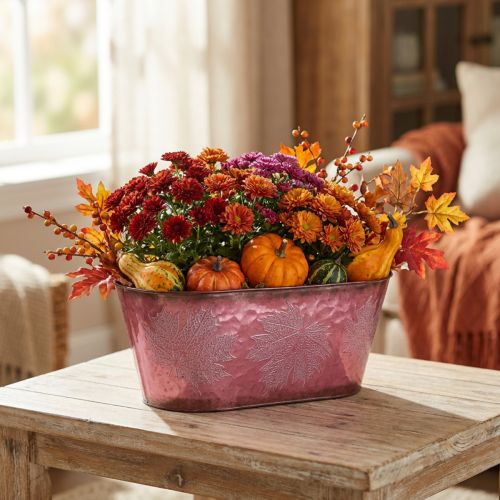 Kom met bladdecoratie, plantenbak, herfstdecoratie, metalen pot wijnrood L38cm H15cm | Floristik24.nl