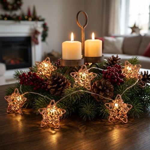 Artikel LED lichtketting stars micro LED timer binnenkant koper 1.90m