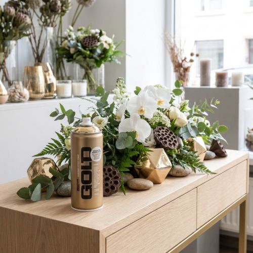 Artikel Decoratieve spuitverf met goudkleurig chroomeffect, Montana spuitbussen van 400 ml