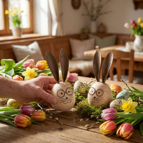 Decoratief konijn van hout en metaal met een humoristisch ontwerp, een vriendelijke blikvanger, 19 cm, 2 stuks | Floristik24.nl