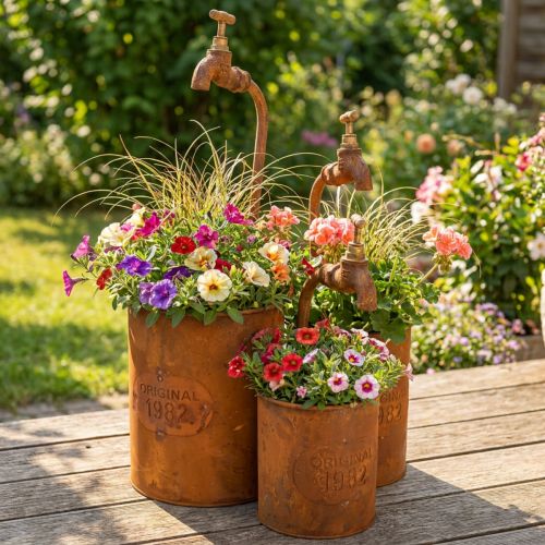 Plantenbak patina decoratief metaal met kraan H25/37/43cm set van 3 stuks | Floristik24.nl