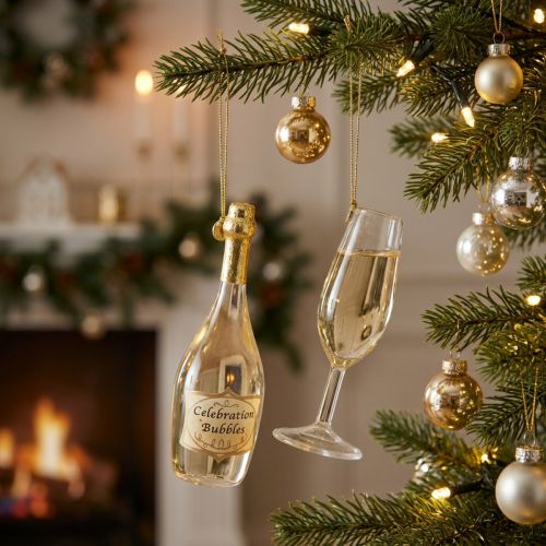 Artikel Hangerset met champagnefles en champagneglas, kerstboomversiering, 14 cm, 2 stuks
