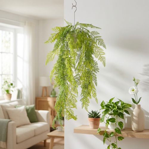 Kunstmatige hangplant in de vorm van een varen, een decoratieve blikvanger voor interieurs, moderne accenten, 80 cm | Floristik24.nl
