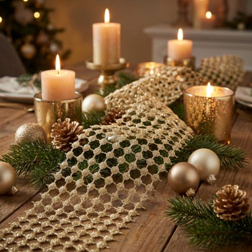 Artikel Tafelloper raster goud crème met glitter B19cm L1,5m