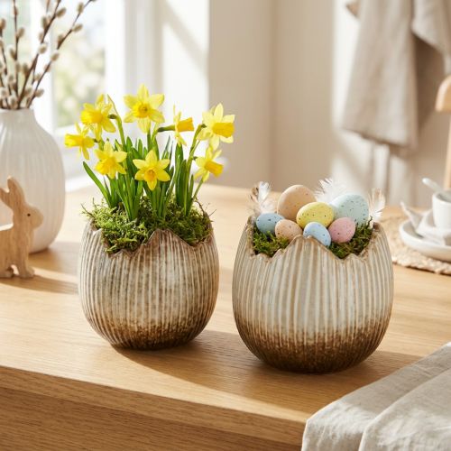 Bloempot Keramiek Ei Gebroken Crème Bruin Ø11.5cm 2 st. | Floristik24.nl