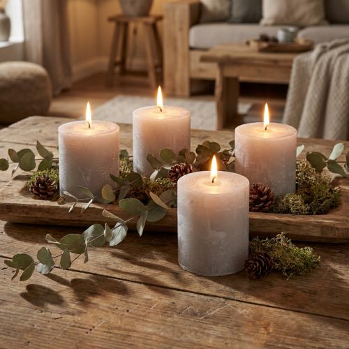 Artikel Effen kaarsen, lichtgrijs, pilaarkaarsen 70×80mm, 4 stuks, rustieke decoratie voor huis &amp; tuin