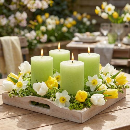 Limegroene geverfde pilaarkaarsen 70×80mm 4-pack - Sfeervolle decoratie en verlichting | Floristik24.nl