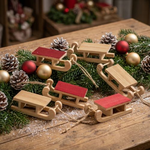 Houten slee miniatuur, rood-naturel, 4x8,5 cm, set van 6 - Kerstdecoratie | Floristik24.nl