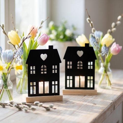 Lantaarnhuis metaal zwart met houten voet H15cm 2st | Floristik24.nl