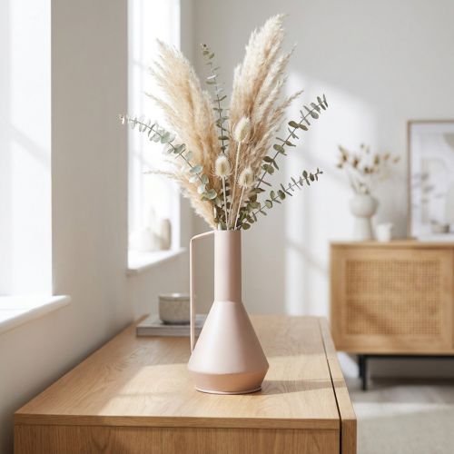 Artikel Moderne decoratieve metalen vaas in lichtroze, 19,5 cm; design sierkan, 38,5 cm hoog, voor droogbloemen