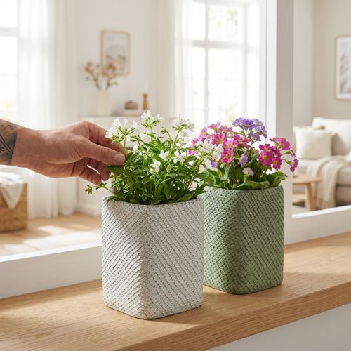 Plantenbak keramiek wit groen reliëf mesh 12x12cm H17.5cm 2st | Floristik24.nl