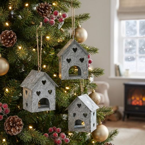Kersthanger metalen huis Shabby Chic H9,5cm 3 st | Floristik24.nl
