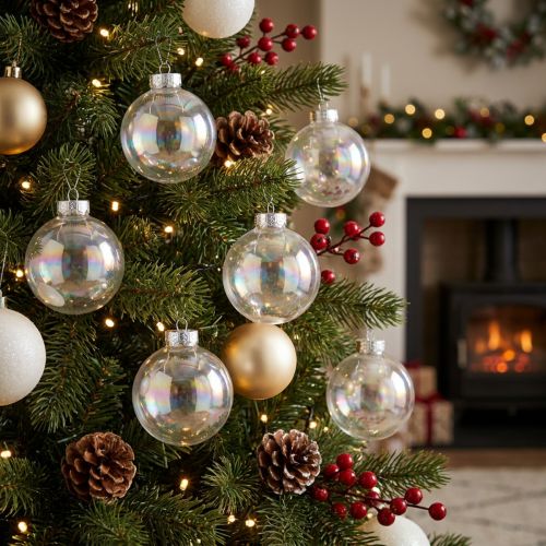 Artikel Glazen kerstbal – parelmoer helder met iriserend effect &amp; metalen hanger 5cm 24st