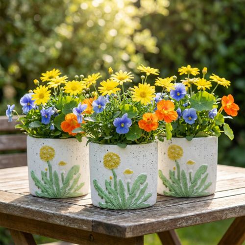 Artikel Plantenbak beton paardebloem zomerdecoratie bloempot Ø12.5cm H11cm 3st