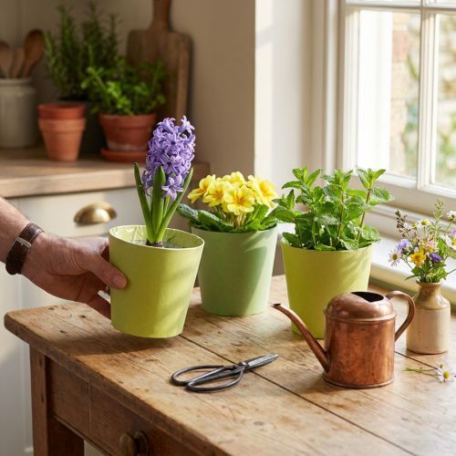 Papieren cachepot, plantenbak, pot voor opplant blauw/groen Ø13cm H12.5cm 4st | Floristik24.nl