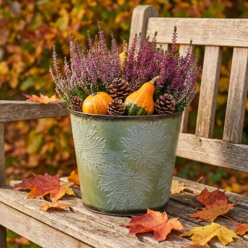 Planter, metalen pot met esdoorn bladeren, herfstdecoratie groen Ø25.5cm H22cm | Floristik24.nl