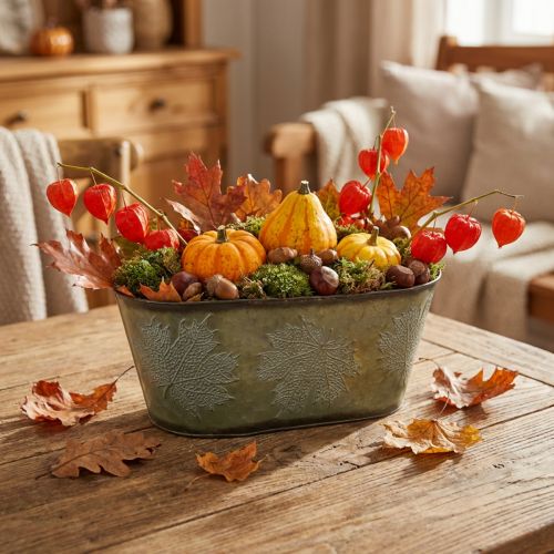 Plantenschaal voor de herfst, metalen decoratie met bladdecoratie groen L38cm H15cm | Floristik24.nl