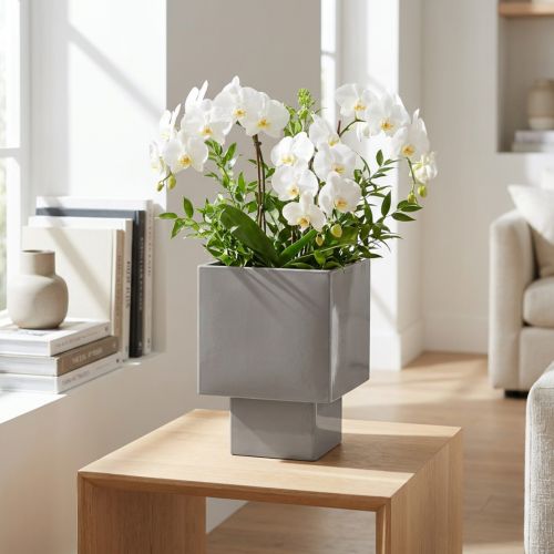 Artikel Grijze kubusvormige plantenbak met voet voor moderne decoratie, 22 cm