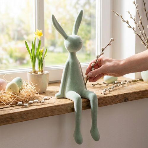 Paashaasje voor op een plank, zittend konijn, fluweelachtig, grijsgroen, 56 cm | Floristik24.nl