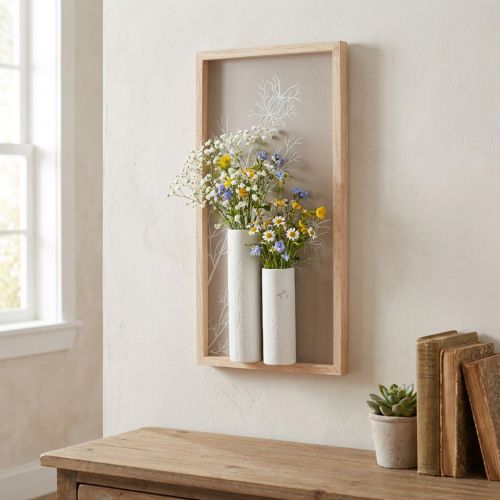 Artikel Houten wanddecoratie met keramische vazen H35cm landelijke stijl
