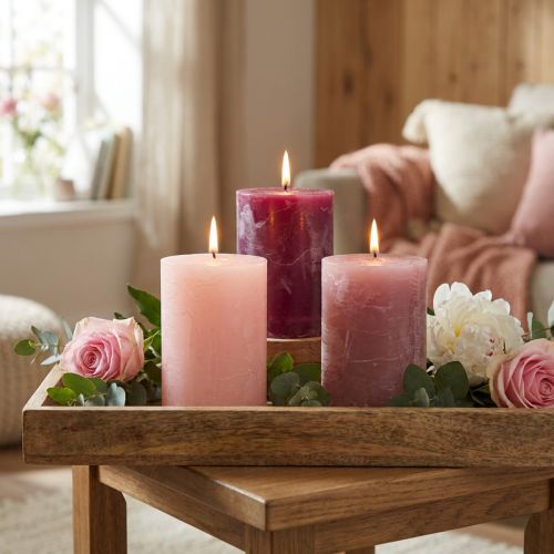 Artikel Set pilaarkaarsen, kleuren roze en bessen, 70x100mm, lange brandduur, verpakking van 12, ideaal voor decoratie en cadeau