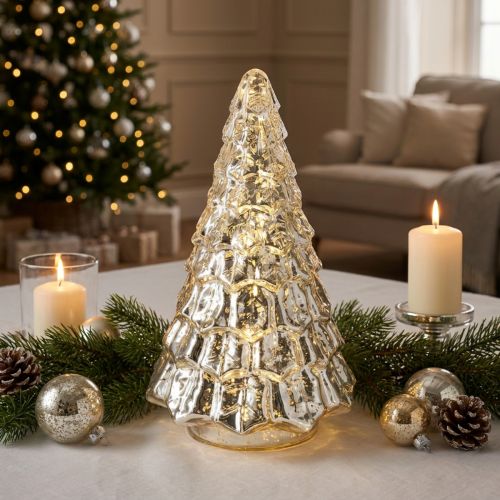 Mini kerstboom met ledverlichting, zilver en goud, 28 cm | Floristik24.nl