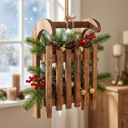 Decoratieve slee bruine winterdecoratie van hout 30x18x12cm | Floristik24.nl