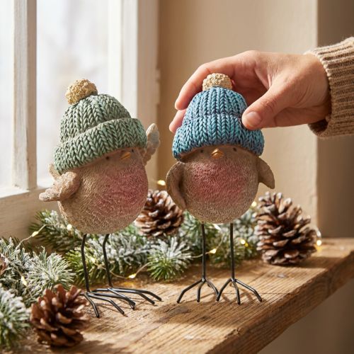 Decoratieve vogel met hoed winterdecoratie blauwgroen H18cm 2 stuks | Floristik24.nl
