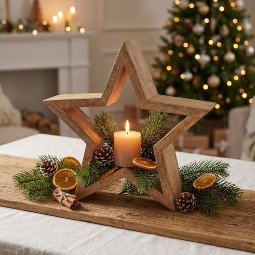 Ster decoratieve houten tafeldecoratie mangohout voor staand naturel Ø24cm | Floristik24.nl